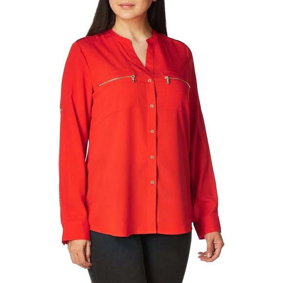 Calvin Klein Red Orange Modern Essential Notch Neck Button Down Long Sleeve Shir - Picture 2 of 12